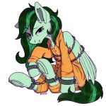  1:1 alternate_version_at_source bound chain chained fan_character female feral friendship_is_magic handcuffs hi_res kotya my_little_pony prison_jumpsuit prison_uniform shackles smile smirk solo 