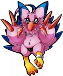  &lt;3 &lt;3_eyes avian beak biyomon blue_body blue_feathers blue_markings claws clothing digimon digimon_(species) eyebrows eyelashes feather_tuft feathers female gesture hi_res long_eyelashes markings navel navel_piercing nipples panties piercing pink_body pink_feathers red_claws ring semi-anthro simple_background solo suddenhack tail_feathers tape toe_claws tongue tongue_out tuft underwear v_sign white_background 