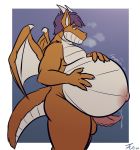  anthro balls belly_growth bodily_fluids cum dragon genital_fluids genitals hi_res horn male male_pregnancy penis pregnant rapid_pregnancy solo standing tanio thick_tail wings 