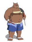  2010 3:4 anthro belly bottomwear brown_body brown_fur clothing fur humanoid_hands kemono male mammal moobs navel nipples overweight overweight_male shorts solo suid suina sus_(pig) weapon wild_boar yanaka 