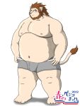 2012 3:4 anthro belly bulge clothing felid humanoid_hands japanese_text kemono lion male mammal moobs navel nipples overweight overweight_male pantherine simple_background solo text underwear white_background yanaka 