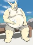  2011 3:4 anthro belly bodily_fluids clothing eating food fur humanoid_hands kemono lagomorph leporid male mammal outside overweight overweight_male rabbit shirt sitting solo sweat topwear white_body white_fur yanaka 
