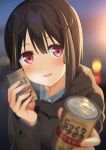  1girl absurdres apollo_(hu_maple) blurry blurry_background blurry_foreground blush bokeh breath brown_hair can commentary_request depth_of_field drink duffel_coat foreshortening giving highres incoming_drink long_sleeves looking_at_viewer original pink_eyes pov reaching_out short_hair solo tied_hair 