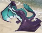  3_toes ambiguous_gender beach claws detailed_background digital_media_(artwork) dragon feral horn khyaber licking membrane_(anatomy) membranous_wings open_mouth scales seaside self_lick signature sitting solo teeth toes tongue tongue_out wings wyvern 