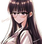  1girl artist_name black_hair collared_shirt commentary copyright_name eyebrows_visible_through_hair glasses himawari-san himawari-san_(character) long_hair looking_at_viewer shirt signature simple_background smile solo sugano_manami white_background white_shirt 