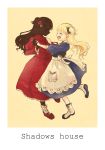  2girls apron artist_request blonde_hair blush closed_eyes copyright_name dancing dress emilyko flower hair_flower hair_ornament highres holding_hands juliet_sleeves kate_(shadows_house) long_hair long_sleeves multiple_girls open_mouth puffy_sleeves red_dress rose shadows_house silhouette spats_(footwear) two_side_up waist_apron 