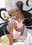  1girl ass bandaged_arm bandages black_hair breasts dark_skin fate/grand_order fate_(series) huge_breasts jewelry lips long_hair looking_at_viewer looking_back multiple_views panties parted_lips pelvic_curtain scheherazade_(fate/grand_order) solo thick_thighs thighs underwear very_long_hair weapon white_background white_panties yukiyanagi 