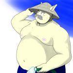  1:1 2014 anthro belly clothing facial_hair hat headgear headwear humanoid_hands kemono lagomorph leporid male mammal moobs mustache navel nipples overweight overweight_male pink_nose rabbit solo yanaka 