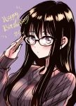  1girl adjusting_eyewear black_hair blush commentary dated english_text glasses happy_birthday himawari-san himawari-san_(character) long_hair looking_at_viewer purple_background purple_eyes ribbed_sweater simple_background solo sugano_manami sweater 