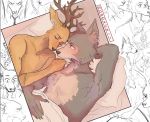  2020 anthro antlers beastars blush brown_body brown_fur canid canine canis cervid duo fur grey_body grey_fur hoookerii horn inner_ear_fluff legoshi_(beastars) louis_(beastars) lying male male/male mammal on_back on_side pillow tuft wolf 