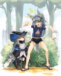  animal_ears arknights bare_legs black_gloves black_headwear black_pants black_shorts blue_eyes chaps character_request claymore_(sword) gloves grani_(arknights) grass hat highres horse_ears horse_girl horse_tail jakoujika long_hair low-tied_long_hair pants red_eyes sandals shorts silver_hair skadi_(arknights) soda_bottle tail thigh_cutout 