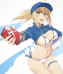  1girl ahoge artoria_pendragon_(all) bangs baseball_cap bikini blonde_hair blue_eyes blue_headwear blue_jacket blush breasts can cleavage cooler cropped_jacket fate/grand_order fate_(series) hair_between_eyes hair_through_headwear hat highres jacket large_breasts long_hair looking_at_viewer mysterious_heroine_xx_(foreigner) navel open_mouth ponytail shrug_(clothing) side-tie_bikini sidelocks smile soda_can solo swimsuit thigh_strap thighs white_bikini wristband zekkyon 