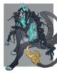 3:4 5_fingers anthro braided_hair chromatic_aberration claws fingers fur hair horn levelviolet long_hair long_tail male multi_tail pawpads paws scales sitting solo 