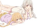  2girls bangs black_ribbon blonde_hair blush braid brown_eyes crossed_arms dress feet_out_of_frame futaba_anzu grey_hair hair_ribbon head_rest hisakawa_nagi idolmaster idolmaster_cinderella_girls long_hair looking_at_another low_twintails lying multiple_girls on_stomach open_mouth purple_shirt ribbon shirt short_sleeves shorts simple_background sketch toreso twintails white_background white_dress 