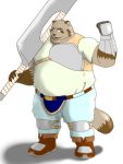  2013 3:4 anthro bottomwear brown_body brown_fur canid canine clothing fur humanoid_hands kemono male mammal melee_weapon overweight overweight_male pants raccoon_dog shirt simple_background solo sword tanuki topwear weapon white_background yanaka 