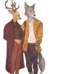  2020 4:5 antlers beastars brown_body brown_fur canid canine canis cervid clothed clothing fully_clothed fur grey_body grey_fur hi_res holding_cigarette hoookerii horn legoshi_(beastars) louis_(beastars) male mammal simple_background standing white_background wolf 
