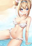  1girl :o absurdres ankkoyom arm_strap arm_support bangs bare_shoulders bikini blonde_hair blue_eyes blue_hairband blush breasts cleavage collarbone day frilled_bikini frills girls_frontline hair_bun hair_ornament hairband highres leaning_back looking_at_viewer medium_breasts navel open_mouth outdoors sand shallow_water side_bun sidelocks sitting snowflake_hair_ornament solo stomach suomi_kp31_(girls_frontline) swimsuit water white_bikini 