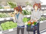  2girls ahoge bangs black_legwear blue_eyes blush brown_hair cabbage cardigan food groceries hair_ornament hair_ribbon hair_scrunchie highres hood hoodie idolmaster idolmaster_million_live! long_hair marimo_(momiage) multiple_girls pantyhose ponytail purple_eyes ribbon satake_minako scrunchie shopping shopping_cart short_shorts shorts supermarket sweatdrop yokoyama_nao 