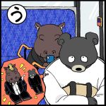  1:1 2020 anthro black_bear black_body black_fur black_nose bottomwear clothing common_hippopotamus detailed_background duo eyes_closed fur hippopotamid japanese_text mammal moon_bear pants shirt sitting smoking text topwear ursid ursine yuumin148 