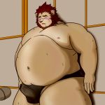  1:1 2015 anthro belly blush bulge clothing erection erection_under_clothing felid humanoid_hands kemono lion male mammal moobs navel nipples overweight overweight_male pantherine pillarbox solo_focus underwear yanaka 