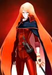  1girl belt blue_eyes breasts cape closed_mouth emeraldas gloves harlock_saga long_hair looking_at_viewer oldschool orange_hair queen_emeraldas scar simple_background skull_and_crossbones solo sword takemaru08 very_long_hair weapon 