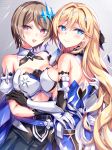  2girls armlet armor armored_dress bare_shoulders bianka_durandal_ataegina bianka_durandal_ataegina_(bright_knight:_excelsis) blonde_hair blue_eyes blush breastplate breasts brown_hair commentary_request detached_collar earrings fukase_ayaka gloves hair_ornament hair_over_one_eye honkai_(series) honkai_impact_3rd hug jewelry large_breasts long_hair looking_at_viewer multiple_girls open_mouth purple_eyes rita_rossweisse rita_rossweisse_(artemis) short_hair smile very_long_hair 