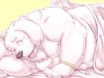  2020 4:3 anthro bedding belly blanket bulge canid canine canis domestic_dog kemono lying male mammal moobs nipples one_eye_closed overweight overweight_male simple_background solo tongue tongue_out wink zapapanda 