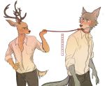  2020 anthro antlers beastars blush bottomwear brown_body brown_fur canid canine canis cervid cheek_tuft clothed clothing collar duo facial_tuft fully_clothed fur grey_body grey_fur holding_leash holding_object hoookerii horn leash legoshi_(beastars) looking_at_another louis_(beastars) male mammal pants shirt simple_background topwear tuft white_background wolf 