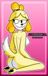  absurd_res animal_crossing anthro breasts butt canid canine canis domestic_dog erect_nipples female full-length_portrait fur hi_res isabelle_(animal_crossing) kneeling mammal naughty_face nintendo nipples nude portrait shih_tzu side_view solo surrealatorium text toony toy_dog url video_games yellow_body yellow_fur 