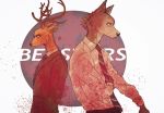 2020 anthro antlers beastars blood bodily_fluids brown_body brown_fur canid canine canis cervid cheek_tuft clothed clothing duo facial_tuft fully_clothed fur grey_body grey_fur hoookerii horn legoshi_(beastars) louis_(beastars) mammal necktie shirt topwear tuft wolf 