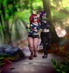  absurd_res anthro bat-eared_fox bottomwear canid canine canis clothed clothing curvy_figure duo eyewear female female/female forest fox freckles glasses hair hi_res jackal koon_roogus leaf mammal megnog nuna_tozzi open_mouth piercings_everywhere plant purple_hair red_hair romantic_ambiance romantic_couple shorts sun thick_thighs tree walking 
