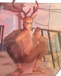  2020 4:5 anthro antlers beastars brown_body brown_fur building cellphone cervid city clothed clothing detailed_background eating fully_clothed fur hi_res holding_cellphone holding_object holding_phone hoookerii horn louis_(beastars) male mammal outside phone sitting solo stairs 