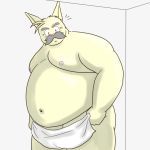  1:1 2014 anthro belly facial_hair humanoid_hands kemono lagomorph leporid male mammal moobs mustache navel nipples overweight overweight_male pink_nose rabbit solo towel yanaka 