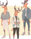  2020 4:5 anthro antlers beastars blush brown_body brown_fur cervid clothed clothing fully_clothed fur hi_res holding_object hoookerii horn jacket louis_(beastars) male mammal multiple_poses pose prosthetic prosthetic_leg prosthetic_limb simple_background solo tan_background topwear 