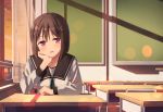  1girl apollo_(hu_maple) bob_cut brown_hair chalkboard classroom commentary_request curtains desk head_rest highres looking_at_viewer original pink_eyes school_uniform serafuku short_hair solo tied_hair twilight window 