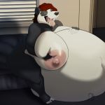  1:1 anthro belly big_belly big_breasts breast_grab breasts female female_pred giant_panda hair hand_on_breast hi_res huge_breasts mammal open_mouth oral_vore overweight overweight_female red_hair sintacle thick_thighs ursid vore 