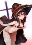  1girl alternate_costume bandaged_leg bandages bangs bare_shoulders bent_over bikini bikini_pull black_bikini black_cape black_hair blush breasts cape commentary_request hat heart highres kono_subarashii_sekai_ni_shukufuku_wo! looking_at_viewer medium_breasts megumin micro_bikini muoto navel open_mouth red_eyes smile solo swimsuit translation_request upper_teeth witch_hat 