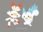  :d bunny character_name commentary_request creature full_body gen_4_pokemon gen_8_pokemon grey_background highres no_humans open_mouth pachirisu pokemon pokemon_(creature) scorbunny signature simple_background smile 