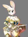  anthro armor black_eyes breasts buckteeth chochi cleavage clothed clothing female fur grey_background hair lagomorph leporid mammal melee_weapon paladin rabbit shield simple_background solo sword teeth unconvincing_armor weapon white_body white_fur white_hair 