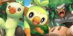  :d blue_sky cloud cloudy_sky commentary_request creature fangs gen_8_pokemon graphite_(medium) grookey hakuginnosora happy highres no_humans open_mouth outdoors pokemon pokemon_(creature) rillaboom sky smile starter_pokemon thwackey traditional_media tree 