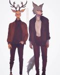  2020 4:5 anthro antlers beastars blush bottomwear brown_body brown_fur canid canine canis cervid cheek_tuft clothed clothing duo facial_tuft fully_clothed fur grey_body grey_fur hi_res hoookerii horn jacket legoshi_(beastars) louis_(beastars) male mammal pants prosthetic prosthetic_leg prosthetic_limb shirt simple_background topwear tuft white_background wolf 