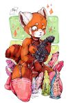  abstract_background after_masturbation aggressive_retsuko ailurid animal_dildo animal_sex_toy anthro blep blue_formalin bondage_gear breasts brown_body brown_fur canine_dildo clothing dildo dildo_sitting female front_view full-length_portrait fur garter_straps genitals harness holding_dildo holding_object holding_sex_toy kneeling legwear mammal mostly_nude nipple_piercing nipples one_eye_closed penetration piercing portrait pussy red_panda retsuko sanrio sex_toy solo stockings tentacle_dildo tongue tongue_out vaginal 