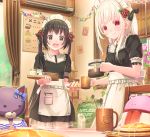  2girls :d abo_(kawatasyunnnosukesabu) air_conditioner apron bangs black_bow black_dress black_eyes black_hair bow coffee coffee_pot collared_dress commentary_request cup curtains dress flower food frilled_skirt frills hair_bow hair_flower hair_ornament highres holding holding_cup holding_plate indoors long_hair looking_at_viewer maid maid_dress maid_headdress menu_board multiple_girls open_mouth original pancake paper_chain pink_flower plant plate potted_plant red_eyes red_flower red_rose rose sandwich saucer short_sleeves siblings sidelocks sisters skirt smile stuffed_animal stuffed_toy tray twintails vines white_apron white_hair window 