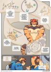  2019 abs anthro armor biceps clothed clothing comic dialogue english_text felid fur hair hi_res leobo male mammal muscular muscular_male nipples pantherine pecs speech_bubble text tiger url 