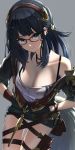  1girl absurdres aiu_eo black_hair blue_eyes breasts cleavage fake_tail glasses granblue_fantasy grey_background hairband hands_in_pockets highres illnott long_hair ribbed_shirt shirt tail 
