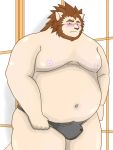  2014 3:4 anthro belly blush bulge clothing felid humanoid_hands kemono lion male mammal moobs navel nipples overweight overweight_male pantherine solo underwear yanaka 