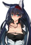  1girl animal_ear_fluff animal_ears aqua_eyes arknights bangs black_hair blaze_(arknights) breasts cat_ears cleavage collarbone commentary_request eyebrows_visible_through_hair hair_between_eyes hairband large_breasts long_hair looking_at_viewer red_hairband shirt simple_background skindentation smile solo upper_body white_background white_shirt yamauchi_(conan-comy) 