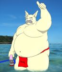  2016 anthro asian_clothing belly bulge clothing east_asian_clothing facial_hair fundoshi humanoid_hands japanese_clothing kemono lagomorph leporid male mammal moobs mustache navel one_eye_closed outside overweight overweight_male rabbit real solo underwear wink yanaka 