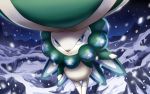  blue_eyes bunny bunny_focus calyrex closed_mouth commentary_request frown graphite_(medium) hakuginnosora legendary_pokemon looking_at_viewer night night_sky outdoors pokemon sky snow snowing traditional_media 