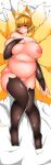  9_tails absurd_res animal_humanoid areola armwear bed_sheet bedding belly big_breasts big_tail bird&#039;s-eye_view blonde_hair blush breasts bridal_gauntlets canid canid_humanoid canine canine_humanoid clothing curvy_figure dakimakura_design deep_navel dipstick_tail female fluffy fluffy_tail fox_humanoid fur genitals hair hand_on_breast hi_res high-angle_view huge_breasts humanoid inverted_nipples kotatsu_foxdragon legwear looking_at_viewer lying mammal mammal_humanoid mostly_nude multi_tail multicolored_tail navel nipples on_back overweight overweight_female pink_nipples pussy ran_yakumo skindentation smile solo thick_thighs thigh_highs touhou video_games voluptuous wide_hips yellow_body yellow_eyes yellow_fur 